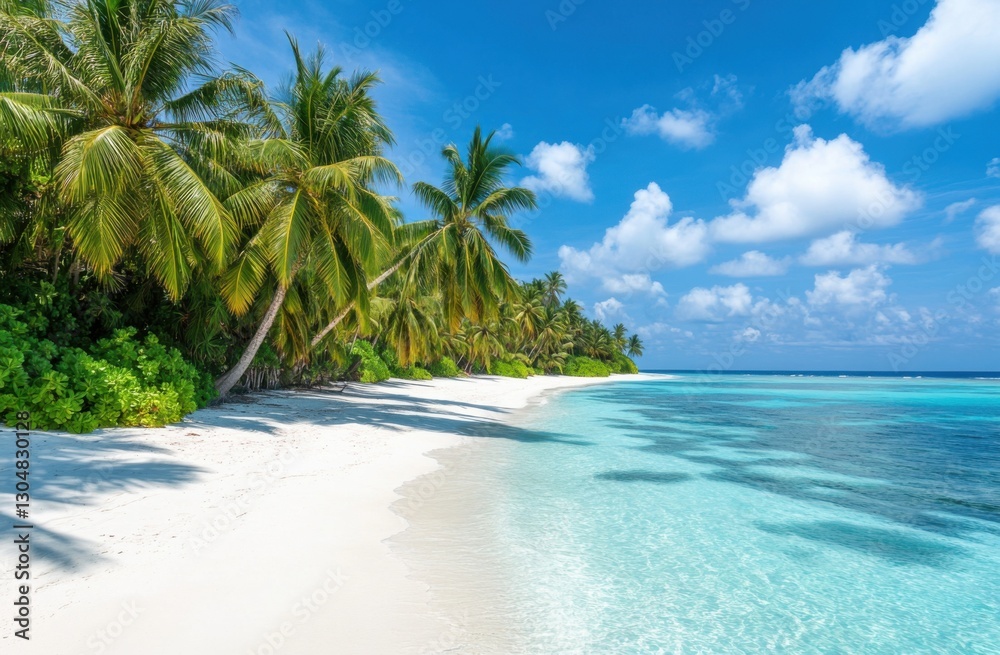 Poster a stunning view of the white sandy beach and clear blue ocean, with palm trees swaying gently on bot