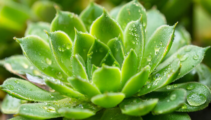 Obraz premium Lush succulent plant with radiant green leaves, glistening morning dew. Water drop. Natural beauty