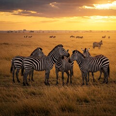 Naklejka premium Zebra Herd in Golden Grasslands at Sunset, African Savanna Wildlife Photography