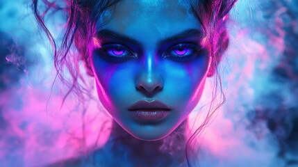 Portrait of a model with ultraviolet face paint, glowing under black light and creating a striking visual effect—concept of creative makeup, artistic expression, and vibrant fashion

