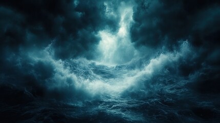 Dramatic seascape with turbulent waves crashing under a stormy sky creating a powerful and moody atmosphere with a sense of awe and wonder