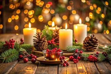 Warm Holiday Table Setting with Burning Candles - Festive Dinner Scene