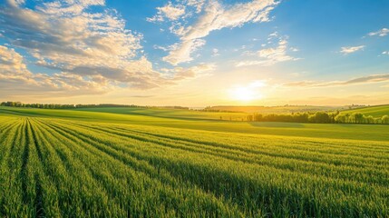 Obraz premium A breathtaking view of lush green agricultural fields under a golden sunset, with a vast blue sky and scattered clouds. 