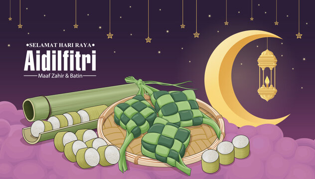 Hari Raya Aidilfitri background design with ketupat, lemang. Malay means Fasting day celebration, I seek forgiveness, physically and spiritually, Lemang means tradisional food for Hari Raya.