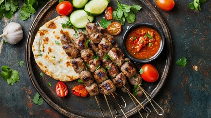 Authentic Turkish Lula kebabs served with fresh vegetables, pita bread, and homemade tomato sauce on a rustic background, showcasing rich flavors.  
