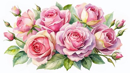 Watercolor Pink Rose Bouquet, Hand-Painted Floral Illustration, Isolated White Background