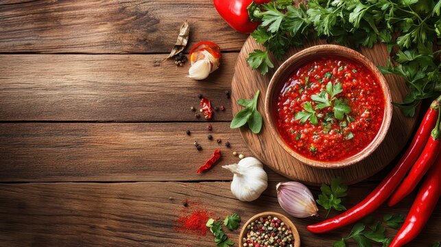 A top-down view of traditional Armenian adjika sauce made with hot pepper, paprika, garlic, and parsley, served on a rustic wooden kitchen table.  

