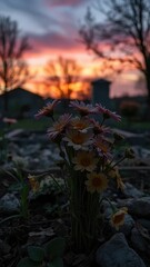 A bouquet of wilting flowers in a grave at twilight, withering, sunset, mortality