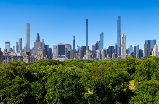 New York City Billionaire's Row supertall skyscrapers overlooking trees of Central Park (elevated view). Midtown Manhattan