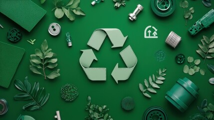 Recycled brake pads and eco-friendly icons on a green background, promoting sustainability in the auto industry.