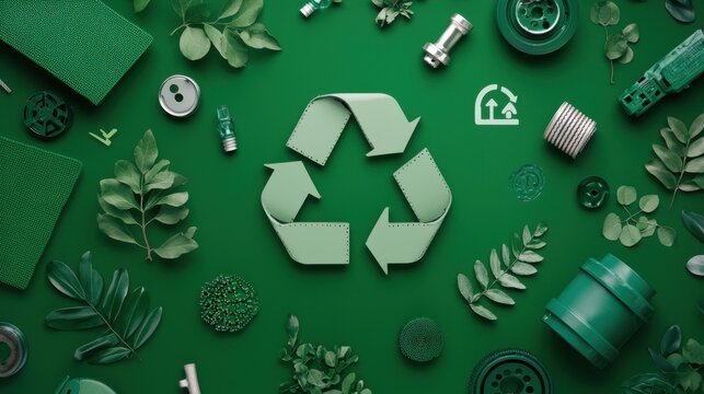 Recycled brake pads and eco-friendly icons on a green background, promoting sustainability in the auto industry.