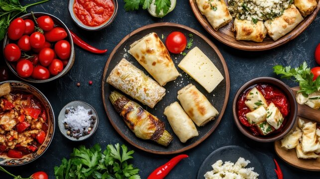 An assortment of traditional Georgian cuisine, including khinkali, phali, chakhokhbili, lobio, cheese, and eggplant rolls, presented on a dark background.  
