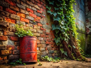 Weathered Brick Wall with Rusty Red Paint Can - Urban Exploration Photography