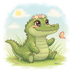 Fototapeta premium Cute Cartoon Crocodile with Flower Crown and Butterfly, Whimsical Digital Illustration