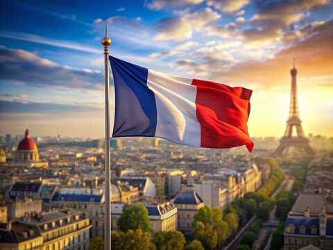 Waving French Flag, Parisian Skyline Background - Rule of Thirds Composition