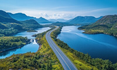 Aerial View of Serene Mountain Landscape with Curved Road and Calm Water Surrounded by Lush Green Trees Under Clear Blue Sky