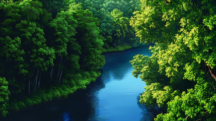 River winding through dense forest illustration