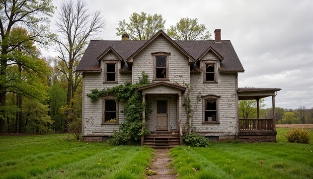 Abandoned decrepit house surrounded by overgrown field, desolation