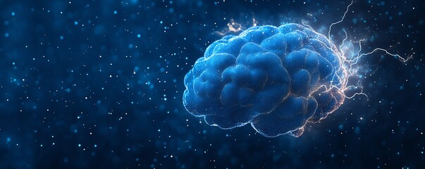 White 3D brain graphic on dark blue background, white lightning bolts surrounding the brain, stress awareness day concept, suitable for mental health healthcare campaigns
