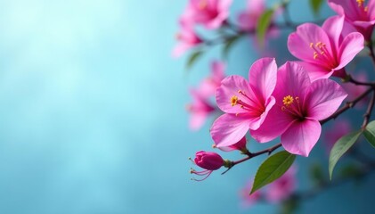 Fototapeta premium Bougainvillea blooms in shades of pink and purple against a soft blue backdrop, bloom, flowers, nature