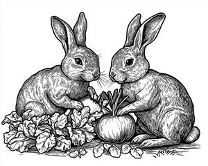 A pair of rabbits munching on fresh vegetables in a spring garden, engraving and scratch board style sketch, black and white illustration