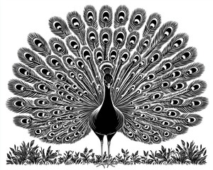 A proud peacock with its feathers fully spread in a garden, engraving and scratch board style sketch, black and white illustration