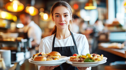"Server's Delight: A smiling waitress in a bustling restaurant presents a tempting array of delicious dishes, embodying the warmth of hospitality