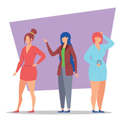 Obraz premium Three women dressed in stylish outfits while posing confidently. Modern fashion trends amidst vibrant backdrop. Unique style, artistic display concept