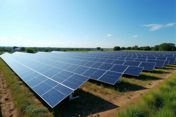 Large solar farm with reflective panels under bright sunlight, renewable energy concept  .