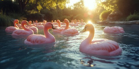 Obraz premium Pink Flamingos Floating Calmly on Water at Sunset Beautiful Nature Scene