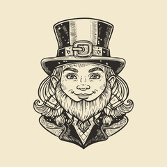 Leprechaun Saint Patricks day symbol. Engraving style, vector illustration