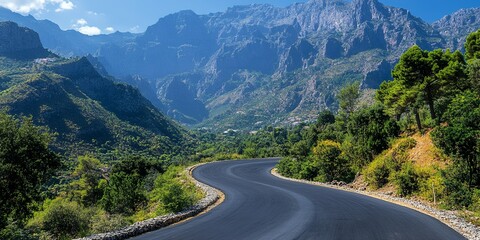 Fototapeta premium Winding Asphalt Road Through Majestic Mountain Valley Landscape