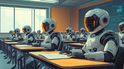 Fototapeta premium Classroom with Robots Learning from Teacher in a Futuristic Education Environment