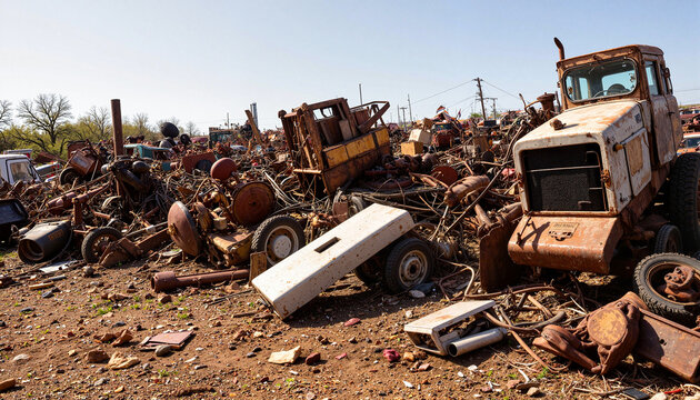 Chaotic junkyard filled with broken machinery and wires, industrial decay