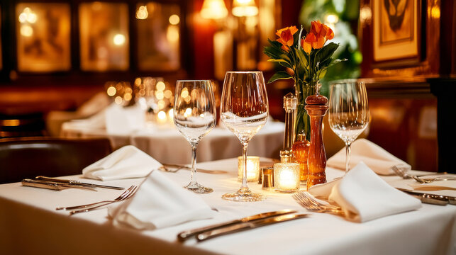 Romantic Table Setting: A candlelit table for two in a cozy restaurant, set with white linens, sparkling wine glasses, and delicate flowers, creating a romantic ambiance for an intimate dinner.