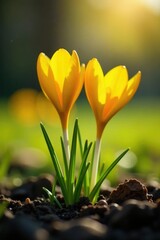 Delicate yellow crocus stems swaying in sunlight, Yellow Blooms, Springtime, Botany