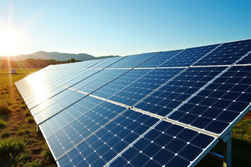 Large solar farm with reflective panels under bright sunlight, renewable energy concept  .