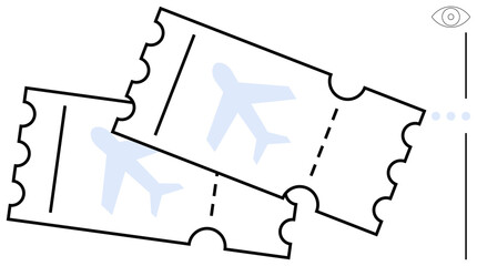 Fototapeta premium Two airplane tickets with perforated edges represent air travel, tourism, and holiday planning. Ideal for travel booking, tourism, vacations, aviation, ticketing services, international trips flat