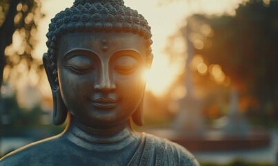 Serene Buddha statue sunset garden peace