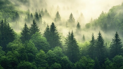 Fototapeta premium Enchanting Forest Canopy Embraced by Ethereal Mist A Verdant Tapestry of Nature's Serenity and Tranquility Captured in a Breathtaking Landscape