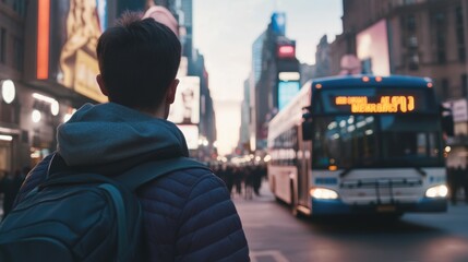 Person Watching Bus Arrive in Busy Urban Street at Dusk with Illuminated City Buildings