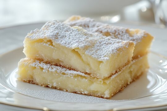 Two gooey butter cake bars stacked elegantly on a white plate, generously dusted with powdered sugar, create an irresistible dessert that promises indulgence and delight