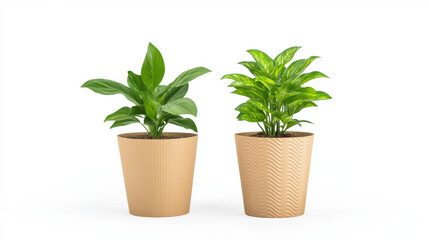 Two cardboard pots with lush green plants on white background