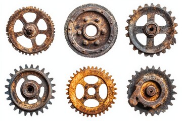 Collection of Six Antique Rusty Gears on White Background Industrial Heritage and Mechanical Components Precision Engineering and Time Machine Concept