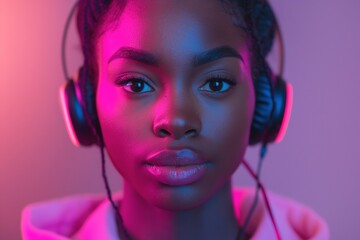 A young Black woman with headphones, immersed in music, radiating confidence against a vibrant pink and blue background.