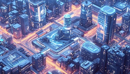 Obraz premium Smart futuristic city grid with connected buildings, vehicles, data flow, energy monitoring, modern eco urban planning, sustainability, and efficient infrastructure