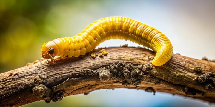 Yellow Worm Crawling on Tree Branch - Close-Up Macro Architectural Photography