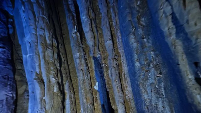 Undulating flowstones and delicate stalactites covering limestone cave walls, bathed in ethereal blue illumination, revealing mesmerizing underground landscape