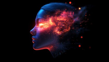 Obraz premium AI robot head profile, glowing inner circuits, modern tech design, cybernetic intelligence, futuristic concept, advanced robot features, digital art innovation