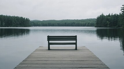 Serene Lakeside Bench on Wooden Pier Surrounded by Lush Forest and Calm Waters